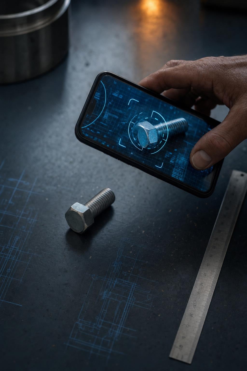 Field technician confidently holding a phone showing fastener specs on a job site